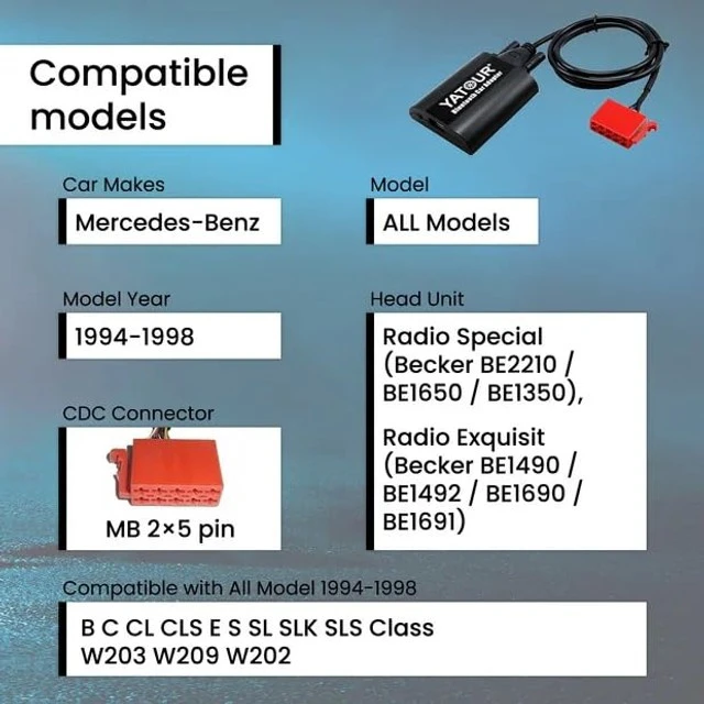 Alt view image 2 of 5 - MB Car Bluetoot-h Adapter, Digital Car Stereo Aux Interface with Charging 3.5mm Music Input Port for All Model 1994-1998, B C CL CLS E S SL SLK SLS Class W203 W209 W202(BTA-MB)