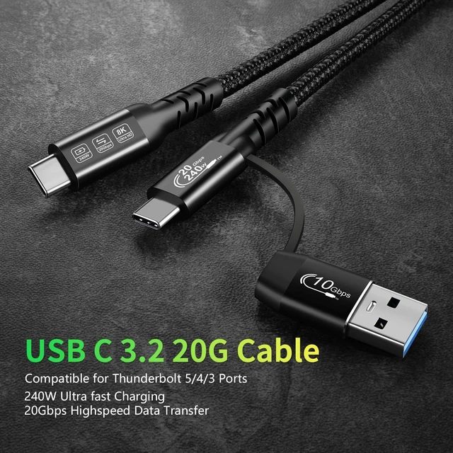 Alt view image 2 of 5 - USB C Cable,USbC 3.2 Gen 2X2 20Gbps,Multi Functional 2in1 USB A to Type C 8K@60Hz UHD Video 5A/240W PD3.1 Fast Charge Cord Compatible with Thunderbolt 3/4 MacBook Pro Samsung (USB C 500CM)