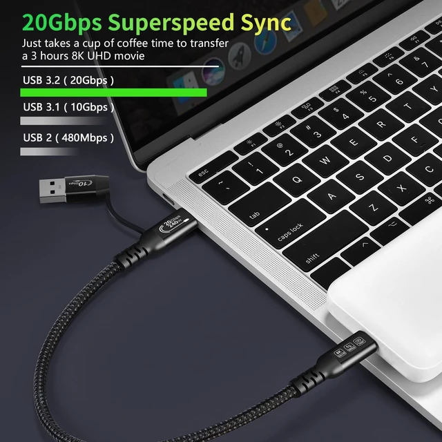 Alt view image 3 of 5 - USB C Cable,USbC 3.2 Gen 2X2 20Gbps,Multi Functional 2in1 USB A to Type C 8K@60Hz UHD Video 5A/240W PD3.1 Fast Charge Cord Compatible with Thunderbolt 3/4 MacBook Pro Samsung (USB C 500CM)