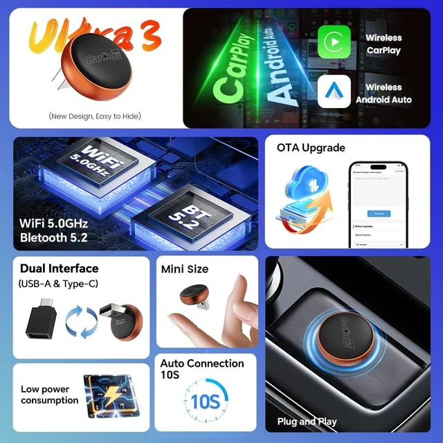 Alt view image 3 of 5 - Carlinkit Mini Ultra 3 Wireless CarPlay & Android Auto Adapter, Plug & Play