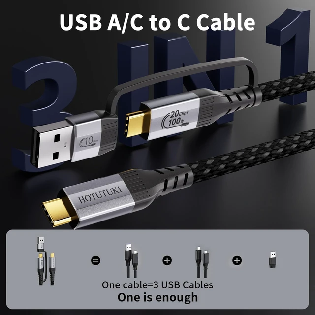 Alt view image 2 of 5 - HOTUTUKI USB Cables 2PACK6.6FT+6.6FT USB a to USB c Cable Multi Functional 2in1,20Gbps High Speed Data Transfer,4K@60Hz UHD Video 5A/100W Fast Charge Cord