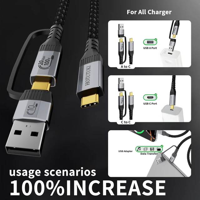 Alt view image 3 of 5 - HOTUTUKI USB Cables 2PACK6.6FT+6.6FT USB a to USB c Cable Multi Functional 2in1,20Gbps High Speed Data Transfer,4K@60Hz UHD Video 5A/100W Fast Charge Cord