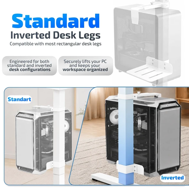 Alt view image 4 of 5 - DEHAGLOBAL Clamp Mount Under Desk Pc Mount, Adjustable Height and Width No Drilling 50 lb Capacity with Non-Slip Pads & Cable Organizer for Standing Desk (White, 80mmx50mm)