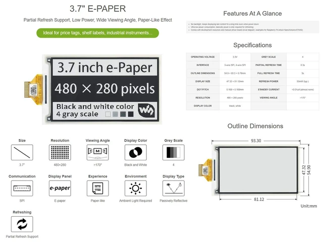 Alt view image 3 of 5 - waveshare 3.7inch E-Paper E-Ink Raw Display Compatible with Raspberry Pi 4B/3B+/3B/2B/B+/A+/Zero/Zero W/WH/Zero 2W Series Boards 480280 Pixels 4 Grey Scales Supports Partial Refresh