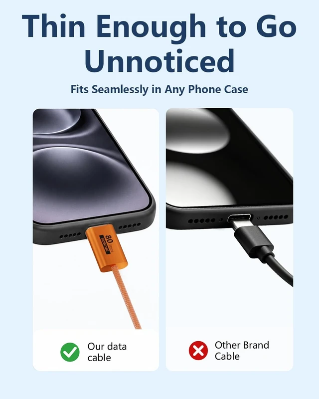 Alt view image 4 of 5 - KMMXXCPM Orange,3.3FT Thin USB C Cable,USBC 80Gbps Data Transfer Cable Compatible with Thunderbolt 5/4/3,Slim Connector,100W Fast Charging,16K/8K/4K HD Video for Monitor,MacBook,iPhone 17/16,Docking