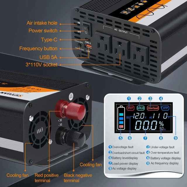 Alt view image 2 of 5 - XUYUAN 1000W Pure Sine Wave Inverter 12V/24V for RV Camping Truck Emergency