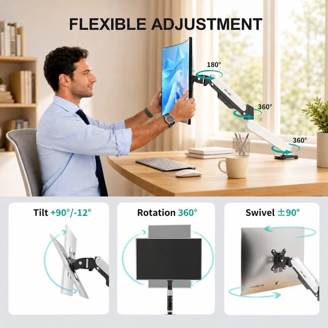 Alt view image 4 of 5 - MT-VIKI Single Monitor Arm for 17"-32" Monitors, Gas Spring Adjustable Desk Mount, Quick Release VESA Plate, Full Motion with Cable Management, Clamp & Grommet Base, Supports 4.419.8 lbs, White