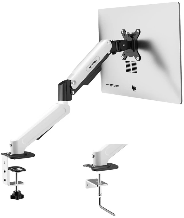 Main image of MT-VIKI Single Monitor Arm for 17"-32" Monitors, Gas Spring Adjustable Desk Mount, Quick Release VESA Plate, Full Motion with Cable Management, Clamp & Grommet Base, Supports 4.419.8 lbs, White