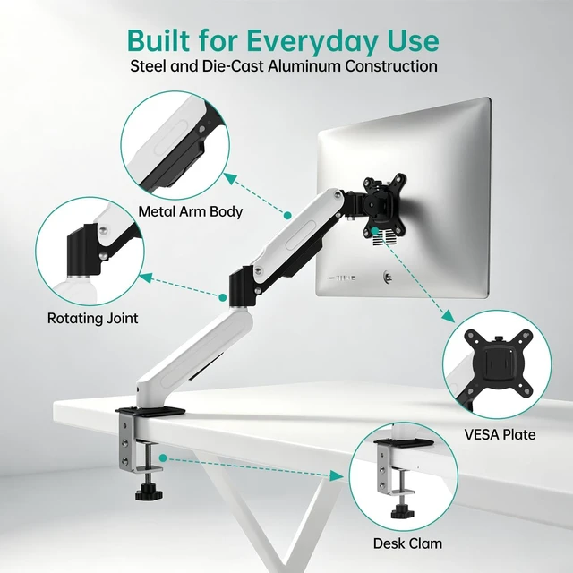Alt view image 5 of 5 - MT-VIKI Single Monitor Arm for 17"-32" Monitors, Gas Spring Adjustable Desk Mount, Quick Release VESA Plate, Full Motion with Cable Management, Clamp & Grommet Base, Supports 4.419.8 lbs, White