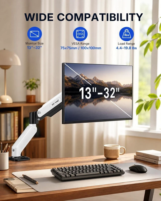 Alt view image 2 of 5 - MT-VIKI Single Monitor Arm for 17"-32" Monitors, Gas Spring Adjustable Desk Mount, Quick Release VESA Plate, Full Motion with Cable Management, Clamp & Grommet Base, Supports 4.419.8 lbs, White