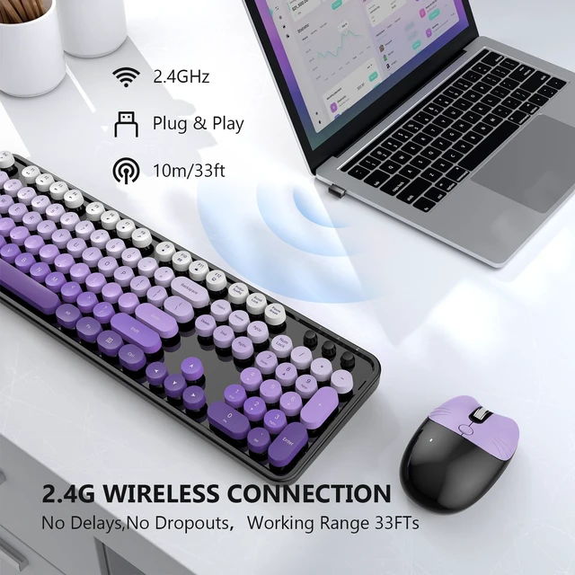 Alt view image 2 of 5 - MOFII Wireless Keyboard and Mouse Combo, 2.4 GHz Full-Size Retro Round Keyboard and Mouse, Plug and Play, 8 Multimedia & Shortcut Keys for Mac, Windows, Laptop/Desktop/PC - Black Purple Gradien