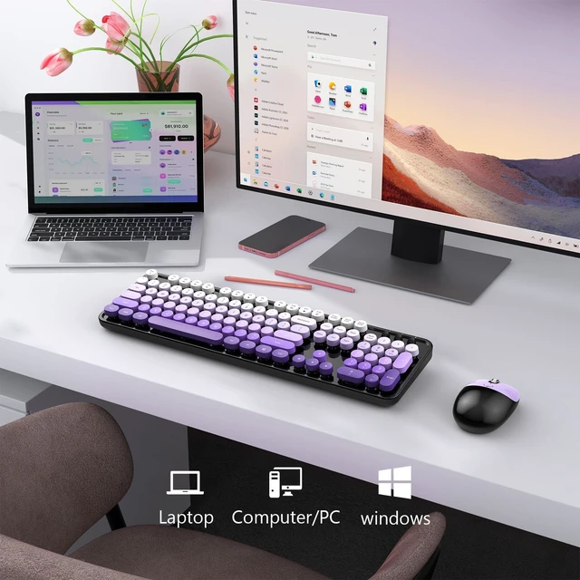 Alt view image 3 of 5 - MOFII Wireless Keyboard and Mouse Combo, 2.4 GHz Full-Size Retro Round Keyboard and Mouse, Plug and Play, 8 Multimedia & Shortcut Keys for Mac, Windows, Laptop/Desktop/PC - Black Purple Gradien