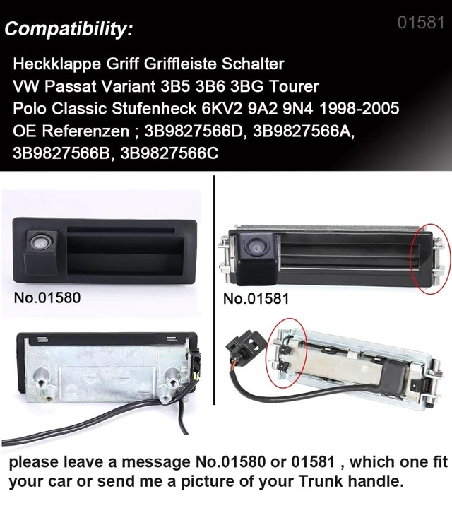 Alt view image 2 of 4 - Car Rear View Trunk Handle Camera,Vehicle Camera Integrated into Case Handle Backup Parking Camera Replacement for VW Passat Variant 3B5 3B6 3BG Tourer Polo Classic Stufenheck 6KV2 9A2 9N4