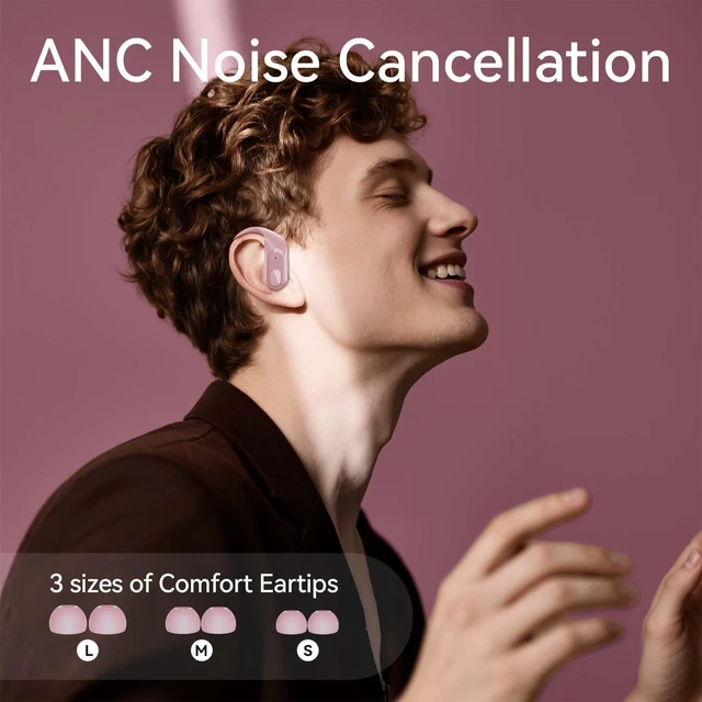 Alt view image 2 of 5 - occiam Active Noise Cancelling Wireless Earbuds Bluetooth Headphones Ear Buds 96Hrs Playback Clear Call Waterproof Earphones with Ear Hook Microphones for Sport Running Pink