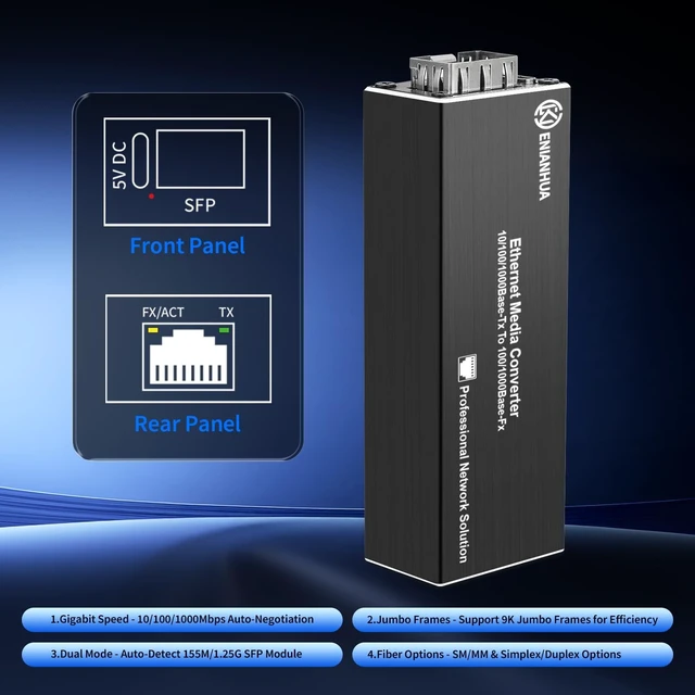 Alt view image 2 of 5 - ENIANHUA A Pair of 1.25G BiDi Fiber Ethernet Media Converter, PoE Powered