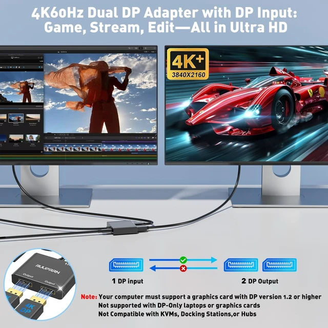 Alt view image 2 of 5 - 4K@60Hz DisplayPort to Dual DisplayPort Splitter for Dual Monitors Adapter