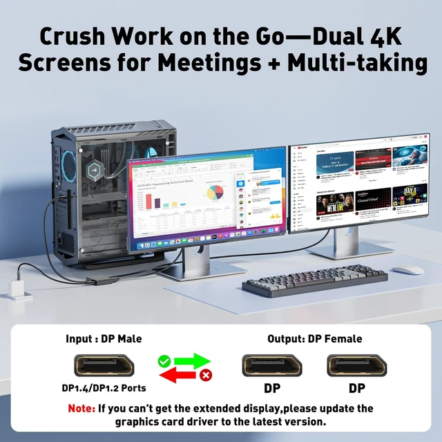 Alt view image 4 of 5 - 4K@60Hz DisplayPort to Dual DisplayPort Splitter for Dual Monitors Adapter