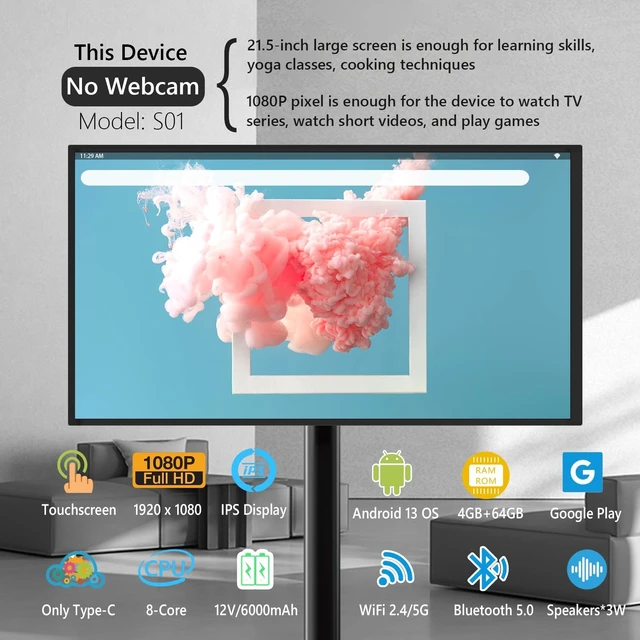Alt view image 2 of 5 - 21.5" FHD Portable Smart TV on Wheels, Android 13 OS,4GB+64GB (Black)
