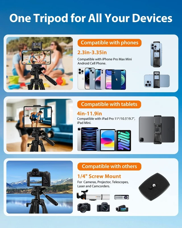 Alt view image 5 of 5 - 75inch Camera Tripod for ipad iPhone, Heavy Duty Aluminum Tripod with 360 Panoramic Ball Head,Compatible with Canon/Nikon/Sony DSLRs (Load 15 lbs for Travel/Live Streaming/Macro Shooting)