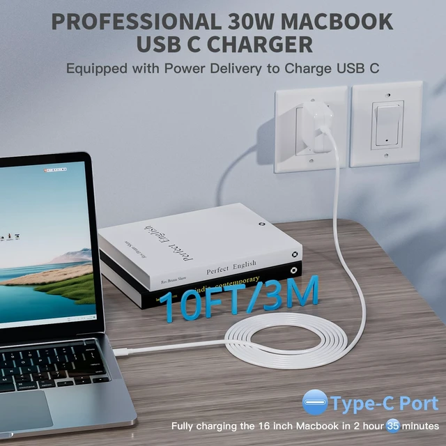 Alt view image 3 of 5 - MacBook Charger, 10FT Long USB C to C Cable with 30W USBC PD Power Adapter
