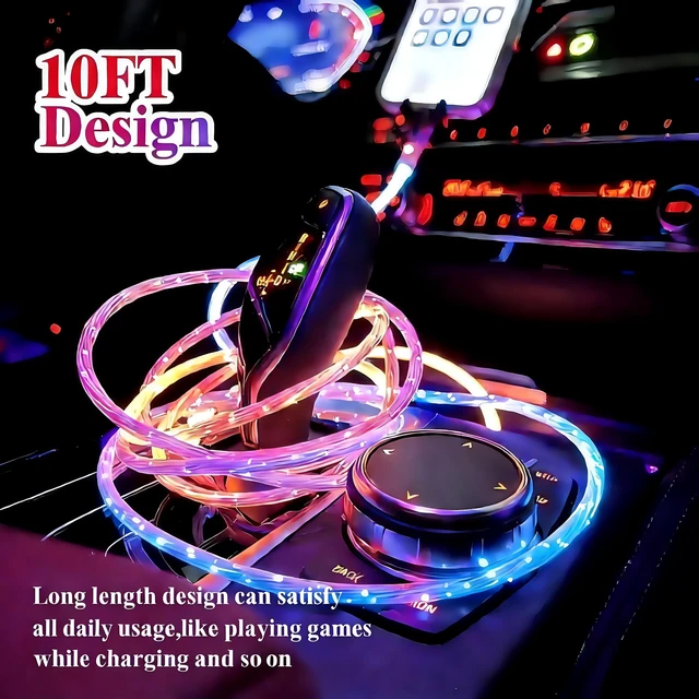Alt view image 2 of 5 - 10FT RGB Glowing USB C Cable - 66W Super Fast Charging, 480Mbps High Speed Transfer, Type C to USB A Extension Cord, Perfect for i-Phone 16 17 Pro Max/Plus, Samsng Galaxy S24 S23,LG More Android Phon