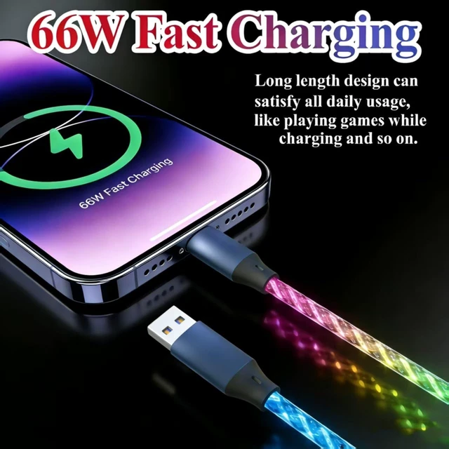 Alt view image 5 of 5 - 10FT RGB Glowing USB C Cable - 66W Super Fast Charging, 480Mbps High Speed Transfer, Type C to USB A Extension Cord, Perfect for i-Phone 16 17 Pro Max/Plus, Samsng Galaxy S24 S23,LG More Android Phon