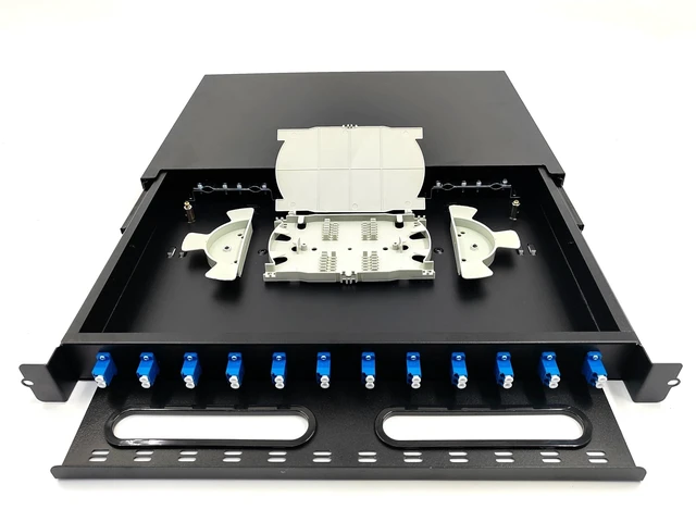 Alt view image 2 of 5 - Duogalia LC-SM 12 Duplex 24 Port Rack Mount Enclosure Box with Splice Trays (Drawer Type Design, Includes 1.2 Meter Pigtail and 12pcs Coupler) Fits for 19" Racks Cabinet