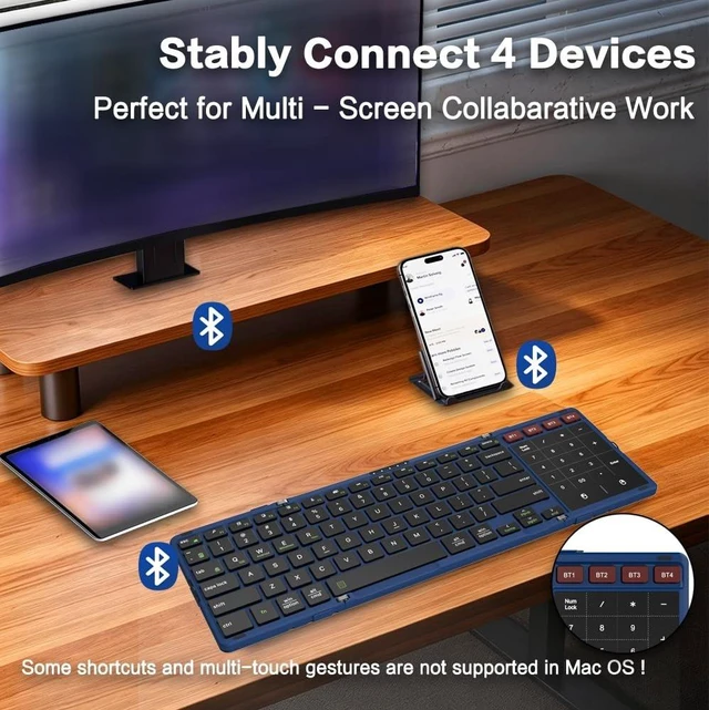 Alt view image 5 of 5 - JOMAA Foldable Bluetooth Keyboard, 4-Channel Wireless, Multi-Device Rechargeable with Touchpad and Numeric pad Travel Portable Keyboard for Laptop, Tablet Phone, Windows, Mac, Android, iOS
