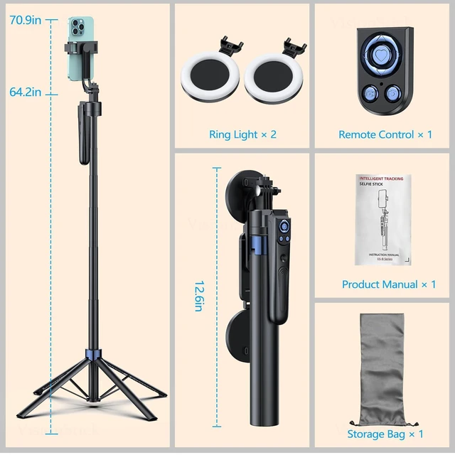 Alt view image 3 of 5 - Smart Face Tracking Tripod Selfie Stick with LED Light, 360 Rotating 70" Phone Camera Stand with Bluetooth Remote, Perfect for Video Recording, Live Broadcast, and Social Media Content