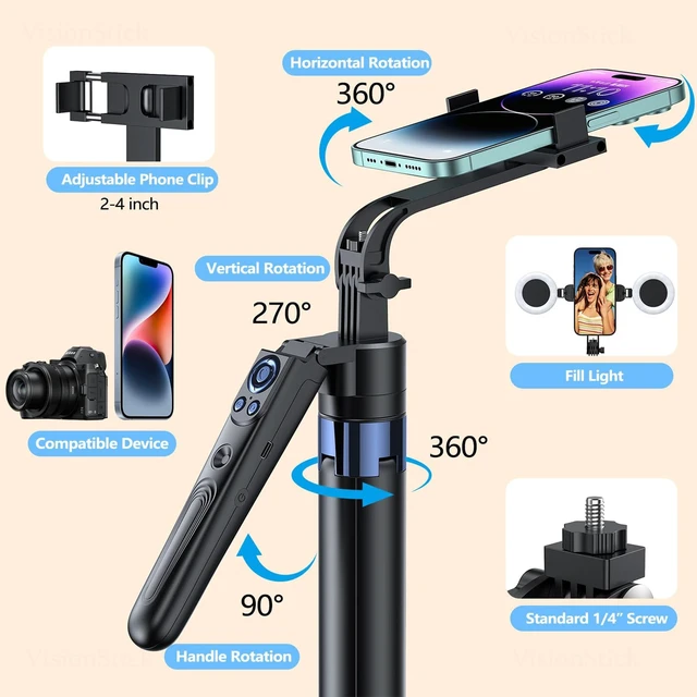 Alt view image 5 of 5 - Smart Face Tracking Tripod Selfie Stick with LED Light, 360 Rotating 70" Phone Camera Stand with Bluetooth Remote, Perfect for Video Recording, Live Broadcast, and Social Media Content