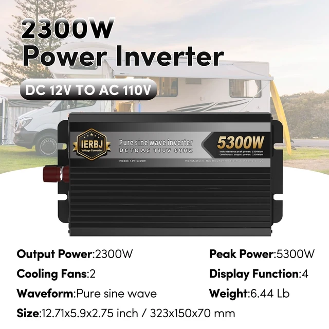 Alt view image 2 of 5 - IERBJ 2300W Power Inverter, DC 12V to AC 110V, 5300W Peak Power, LED Display, Pure Sine Wave,2 Cooling Fan,2 Socket for Vehicles,Car,RV,Truck,Ship