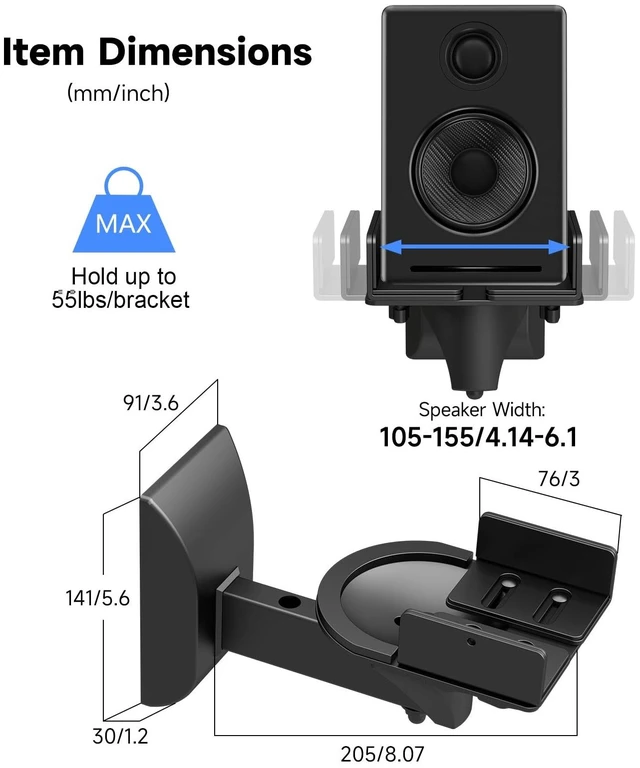 Alt view image 2 of 5 - suptek Small Dual Side Clamping Bookshelf Speaker Wall Mounting Bracket for Small Surrounding Sound Speakers, Hold up to 55lbs Black SPM201SE