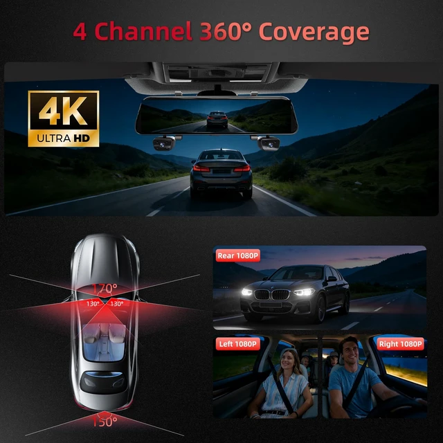 Alt view image 4 of 5 - 2026 4K Mirror Dash Cam 4 Channel, 12" Touch Screen Rear View Mirror Camera for Cars,4K Dashcam Front Rear Inside, IR Night Vision,WiFi,APP,GPS, Voice Control,Free 64GB SD