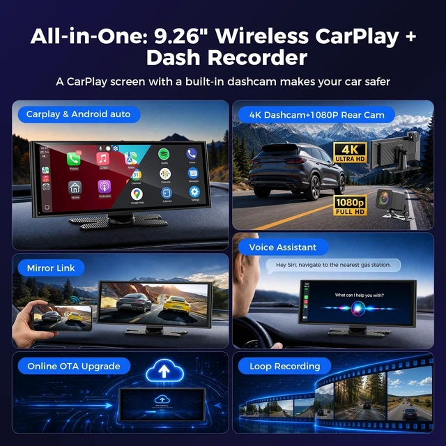 Alt view image 2 of 5 - 9.26" Wireless CarPlay Screen with 4K+1080P Dual Dash Cam Front and Rear