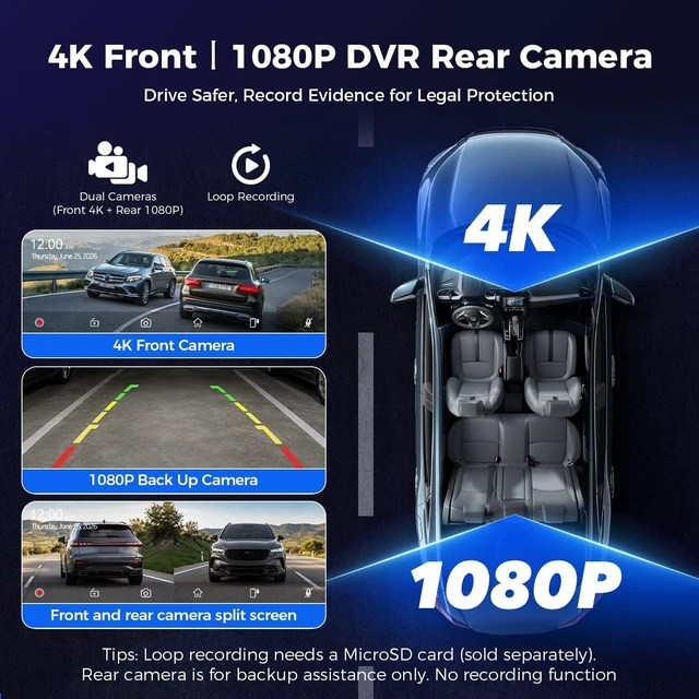 Alt view image 4 of 5 - 9.26" Wireless CarPlay Screen with 4K+1080P Dual Dash Cam Front and Rear