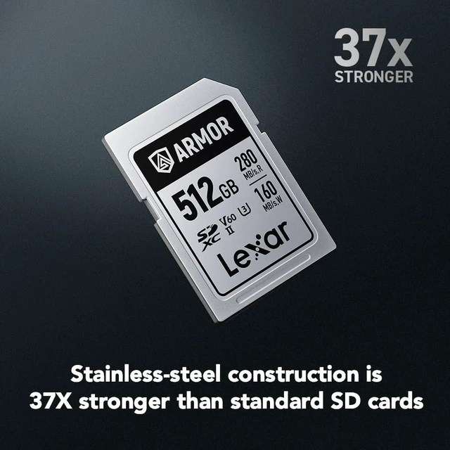 Alt view image 2 of 5 - Lexar 512GB Armor Silver PRO SD Memory Card, 280MB/s Read, 6K, V60, UHS-II