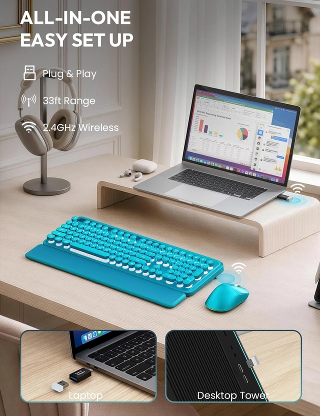 Alt view image 4 of 5 - Wireless Keyboard and Mouse, Backlit Typewriter with Magnetic Wrist Rest