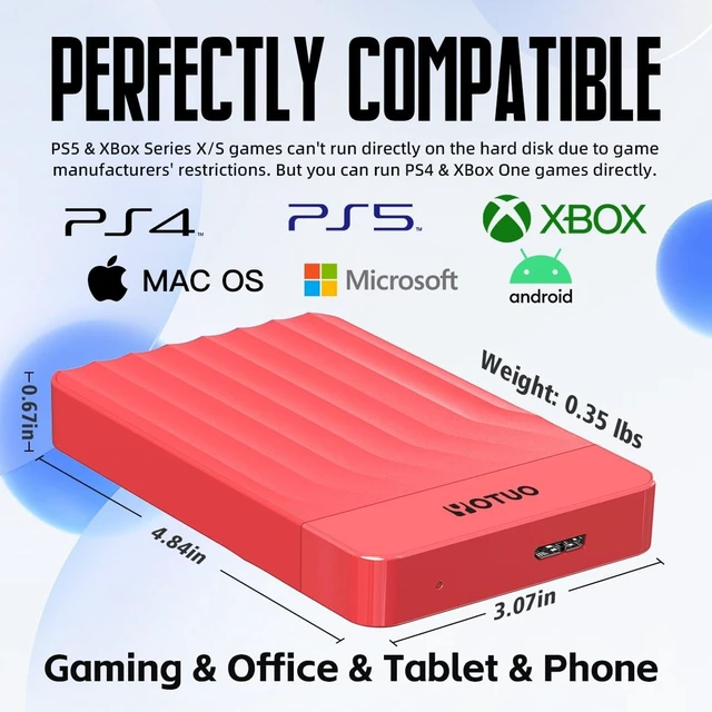 Alt view image 2 of 5 - YOTUO 320GB External Hard Drive, Portable Storage Expansion HDD, USB 3.0 & USB-C for PC, Mac, Desktop, Laptop, Smartphone, PS4, Xbox One, Xbox 360, Office & Game, Red