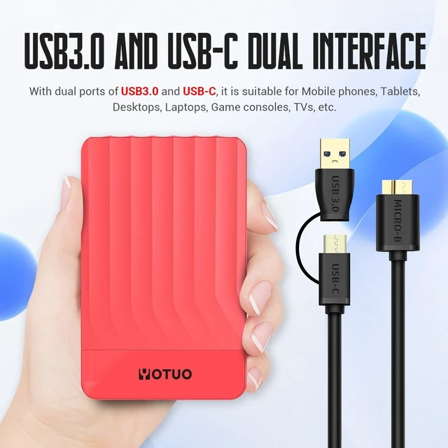 Alt view image 3 of 5 - YOTUO 320GB External Hard Drive, Portable Storage Expansion HDD, USB 3.0 & USB-C for PC, Mac, Desktop, Laptop, Smartphone, PS4, Xbox One, Xbox 360, Office & Game, Red