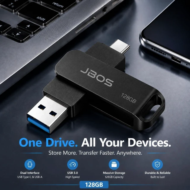 Alt view image 2 of 5 - JBOS 128GB USB C Flash Drive, 2-in-1 USB 3.0 OTG Thumb Drive, Black