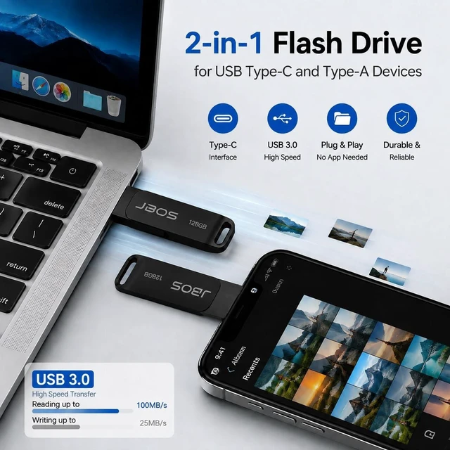 Alt view image 3 of 5 - JBOS 128GB USB C Flash Drive, 2-in-1 USB 3.0 OTG Thumb Drive, Black