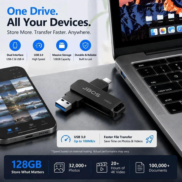 Alt view image 4 of 5 - JBOS 128GB USB C Flash Drive, 2-in-1 USB 3.0 OTG Thumb Drive, Black
