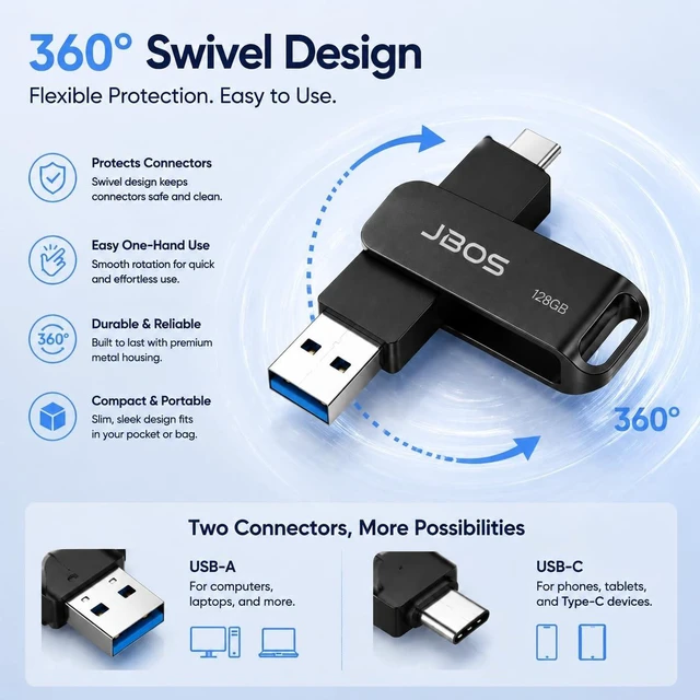 Alt view image 5 of 5 - JBOS 128GB USB C Flash Drive, 2-in-1 USB 3.0 OTG Thumb Drive, Black