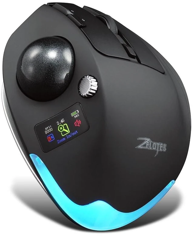 Main image of zelotes Wireless Trackball Mouse with Display,Ergonomic Bluetooth Mouse,Rechargeable,4800 DPI, 3-in-1(BT +2.4GHz USB Receiver+Type-C), 8 Programmable Buttons,LED Lighting,for Laptop, PC, Pad,Bl