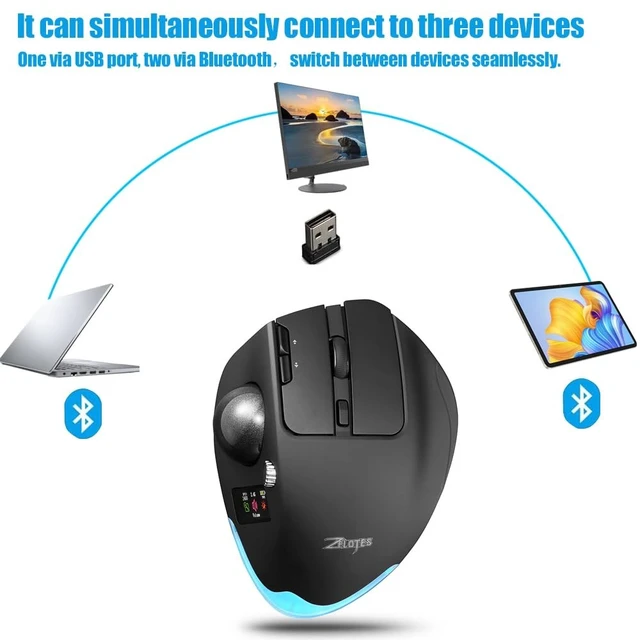 Alt view image 4 of 5 - zelotes Wireless Trackball Mouse with Display,Ergonomic Bluetooth Mouse,Rechargeable,4800 DPI, 3-in-1(BT +2.4GHz USB Receiver+Type-C), 8 Programmable Buttons,LED Lighting,for Laptop, PC, Pad,Bl