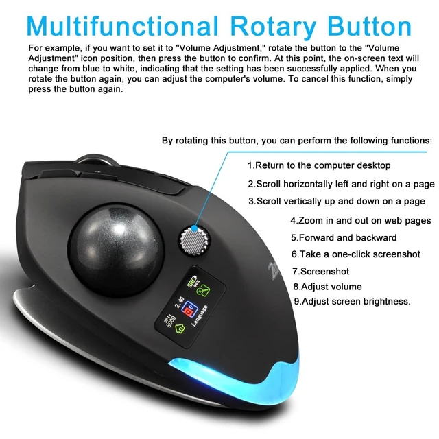 Alt view image 5 of 5 - zelotes Wireless Trackball Mouse with Display,Ergonomic Bluetooth Mouse,Rechargeable,4800 DPI, 3-in-1(BT +2.4GHz USB Receiver+Type-C), 8 Programmable Buttons,LED Lighting,for Laptop, PC, Pad,Bl