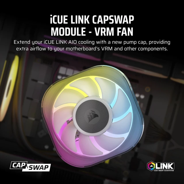 Alt view image 2 of 5 - CORSAIR iCUE Link AIO VRM Fan Module Additional Motherboard Cooling for Overclocking Easy CapSwap Installation 70mm Fan Magnetic Dome Bearing Black