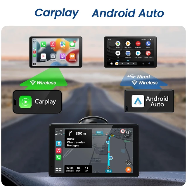 Alt view image 2 of 5 - FEISIKE 7" HD Portable Wireless Carplay Screen for Car, Touchscreen Car Stereo, Apple CarPlay & Android Auto, Front/Rear View Camera Stereo Receiver for Car Bluetooth FM Transmitter AUX TF