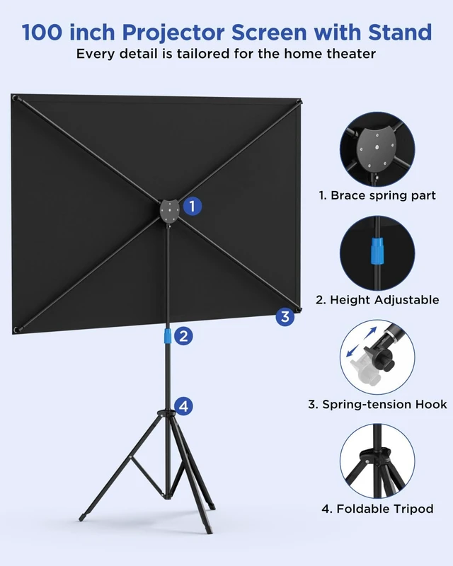 Alt view image 4 of 5 - Projector Screen with Stand, 100 Inch Portable Projector Screen Outdoor Indoor, 1.5 Gain Fiberglass Projection Screen, 4K Ultra HD 16:9 Outdoor Movie PVC Screen for Movie Night (Grey Screen)