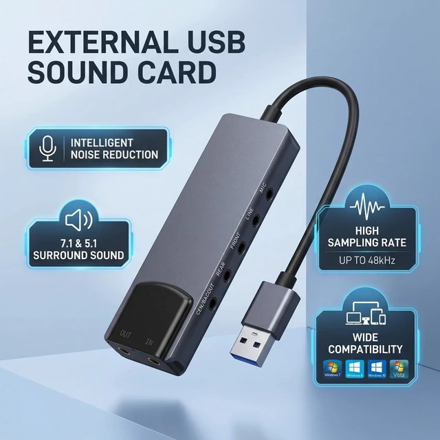Alt view image 4 of 5 - Phefop 7.1 USB Surround Sound Card 5.1 External Sound Card with Optical SPDIF Input Output Audio Adapter Noise Reduction Aluminum for PC Laptop CM6206 Chip